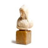 An Italian carved alabaster bust of a lady, wearing a headdress, on a rectangular plinth, possibly