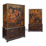 A pair of 19th century japanned wardrobes, each decorated in gilt on a black and brown ground,