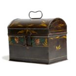 A 19th century tôle box, painted with flowers and leaves, the domed lid with a handle, probably