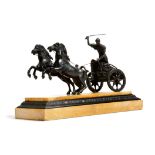 A 19th century bronze Grand Tour model of a Roman charioteer, with two horses, mounted on a Siena