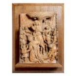 A Flemish relief carved oak panel, depicting Christ's entry into Jerusalem, riding a donkey