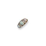 An opal and diamond half hoop ring, set with three graduated oval-shaped opals within six old