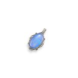 An opal and diamond pendant, the solid white opal cabochon is set within a white gold scroll mount