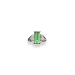 A tourmaline and diamond ring, the rectangular-shaped tourmaline set with four baguette-shaped