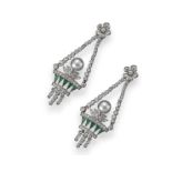 A pair of stylised giardinetto emerald, diamond and cultured pearl earrings, the diamond-set foliate