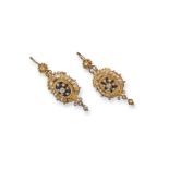 A pair of 19th century diamond enamel and pearl drop earrings, set with a central cluster of seed