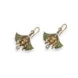 A pair of Art Nouveau style gold and plique-à-jour enamel drop earrings, designed as a girl