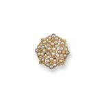 A Victorian seed pearl quarterfoil brooch, set with five seed pearl flowerheads in yellow gold. 2.