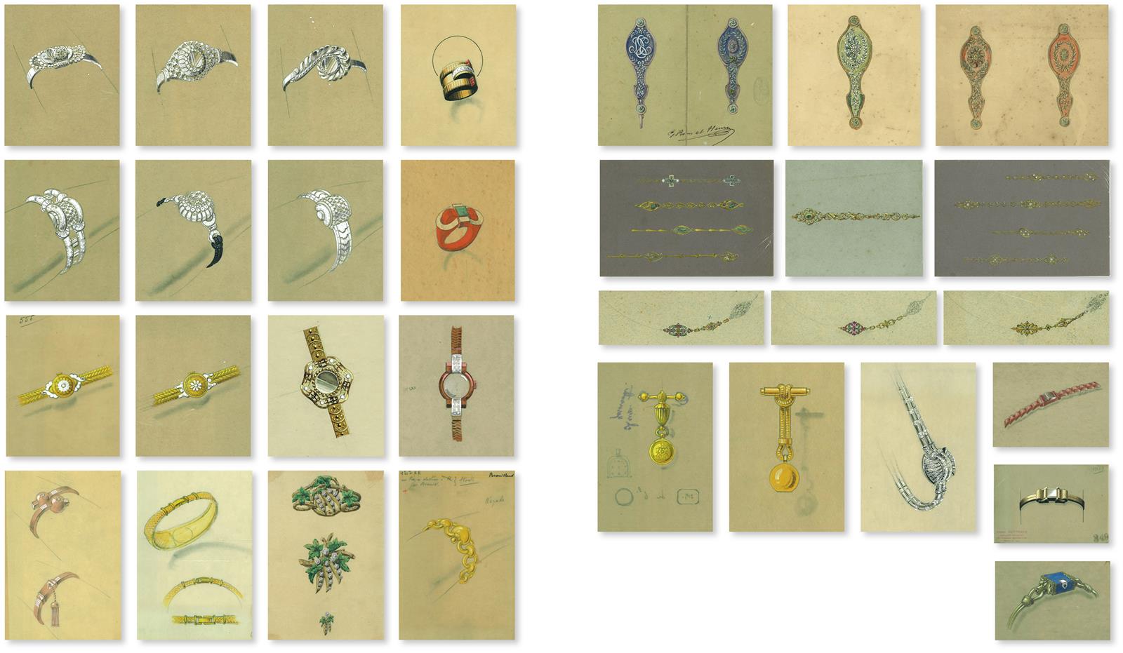 Thirty-one original jewellery designs, gouache on tracing paper. One stamped 'Henri Cottenot,