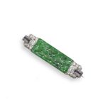 An Art Deco jade and diamond brooch, set with a rectangular panel of green jadeite set either side