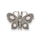 A late Victorian opal and diamond butterfly brooch, realistically formed and pave-set with