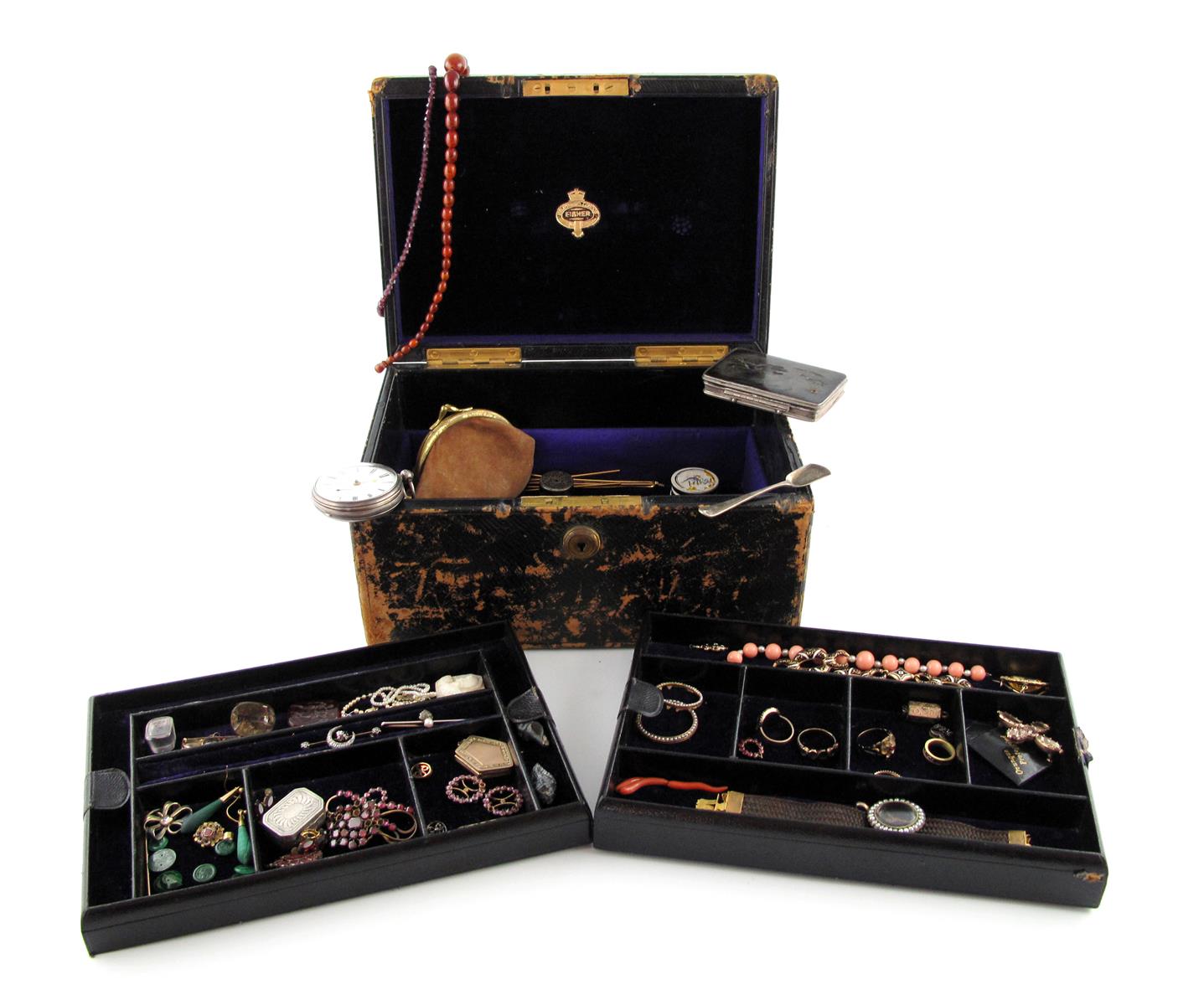 A leather jewellery box by Fischer with two removable sectioned trays and Bramah lock and containing