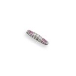 A ruby and diamond eternity ring, alternately set with three circular-cut diamonds and three