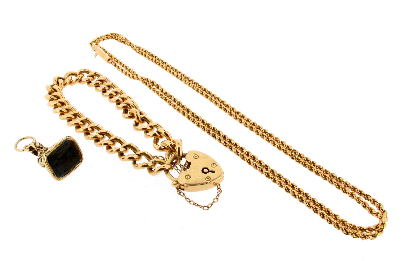 An 18ct gold curb-link bracelet, with a gold heart-shaped clasp. A gold twisted rope design neck