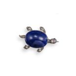 A gold and silver turtle brooch, the body formed with an oval-shaped lapis lazuli cabochon with