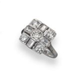 A diamond cluster ring, set with circular and baguette-shaped diamonds in white gold. Size M.