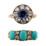 A turquoise and diamond half hoop ring, set with three graduated oval-shaped turquoise cabochons and