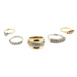 Five diamond rings, including: a diamond solitaire ring, the old circular-cut diamond is set in