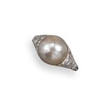 An early 20th-century cultured pearl and diamond set ring, millegrain-set with small diamonds (one