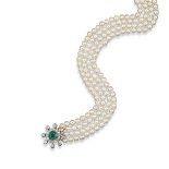 A four row cultured pearl necklace, the well-matched pearls are set with a late 19th century emerald