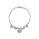 A French diamond-set scroll necklace, 1950's. The pendant set with a round brilliant-cut diamond