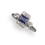 An Art Deco sapphire and diamond ring, the baguette-shaped sapphire is set with old circular-cut