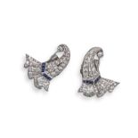 A pair of Art Deco diamond and sapphire stylised cornucopia ear clips, set overall with graduated