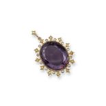 A 19th century amethyst and seed pearl mounted gold pendant, the large oval-shaped amethyst is set