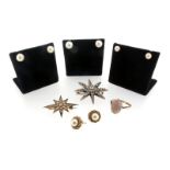 A pearl and enamel gold star brooch, four pairs of cultured pearl earrings, a white opal mounted