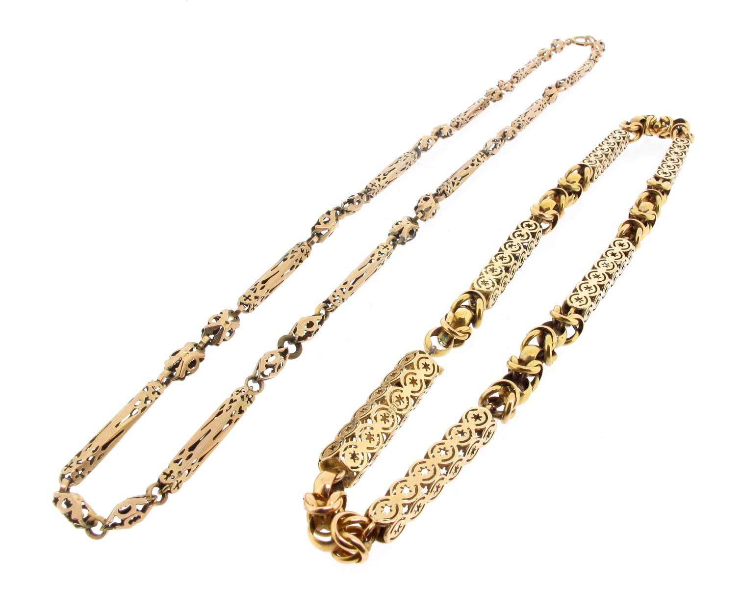 An early 19th-century gold fancy link necklace, 56cm long and a gold fancy-link necklace,