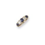 A sapphire and diamond five stone ring, three sapphires are set with two cushion-shaped diamonds