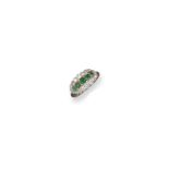 An emerald and diamond plaque ring, set with a line of gradated emerald-cut emeralds within a