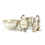 A mixed lot of regimental silver items, comprising: a Victorian cream jug and sugar bowl, London