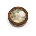 λA late-18th / early-19th century burr-walnut snuff box, circular form, the pull-of cover with a