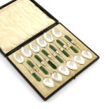 A set of twelve silver and nephrite handled teaspoons, by G E Walton & Co Ltd, Birmingham 1909,