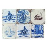 Six delftware tiles, 1st half 18th century, three Biblical and painted in blue with Christ