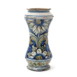 A Caltagirone (Sicily) maiolica albarello, late 17th/early 18th century, the waisted form painted in