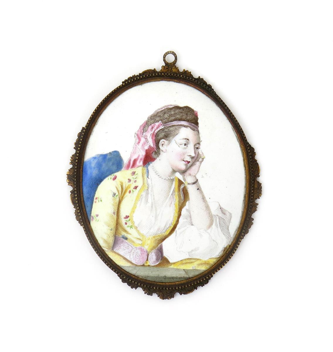 A good Battersea enamel oval portrait plaque, c.1760, of the Countess of Coventry, Maria Gunning,