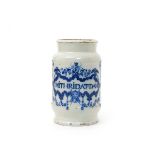 A Continental faïence drug jar, early 18th century, Belgium or Northern France, painted in blue with