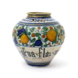 A Venetian maiolica apothecary jar, c.1550, the globular body painted in blue with a scroll