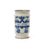 A Delft drug jar, c.1680, painted in blue with a cartouche containing the inscription 'C. ACATIE',