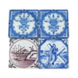 A pair of Bristol delftware tiles, c.1720-40, painted in blue with central baskets of flowers,