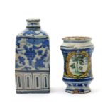 A miniature Sicilian maiolica albarello, late 17th century, the waisted form painted with a tree