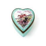 A Continental enamel heart-shaped snuff box, probably 19th century, painted with two riders on