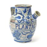 An Italian maiolica wet drug or syrup jar, 18th century, painted in blue with scrolling grapevine