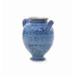 A Deruta or Marchigiana berettino maiolica syrup or wet drug jar, 1st half 17th century, the ovoid