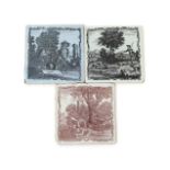 Three Liverpool delftware tiles, c.1775, printed with scenes from Aesop's Fables, one in reddish