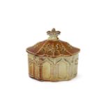 A salt-glazed brown stoneware string box and cover, 19th century, of oval form, moulded with