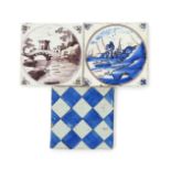 Two London delftware tiles, c.1740, one painted in manganese, the other in blue and manganese,