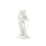 A Bow white-glazed figure of a travelling pedlar, c.1754, standing with a large bag on his back,